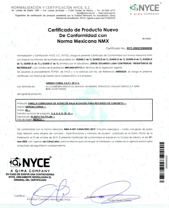Certificado Varilla Grado 42